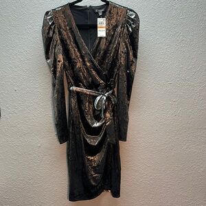 INC International Concepts Silver Grey Metallic Velvet Faux Wrap Dress NWT Small